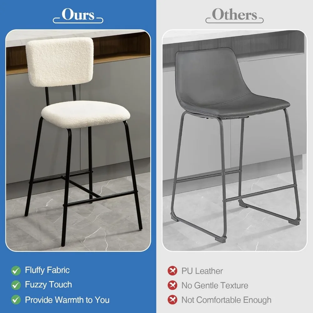 Barstools ชุด 2 ความสูงเคาน์เตอร์เก้าอี้บาร์: โมเดิร์นสีขาวเบาะ Boucle ผ้าเก้าอี้บาร์สําหรับห้องครัว Bistro Pub Armless