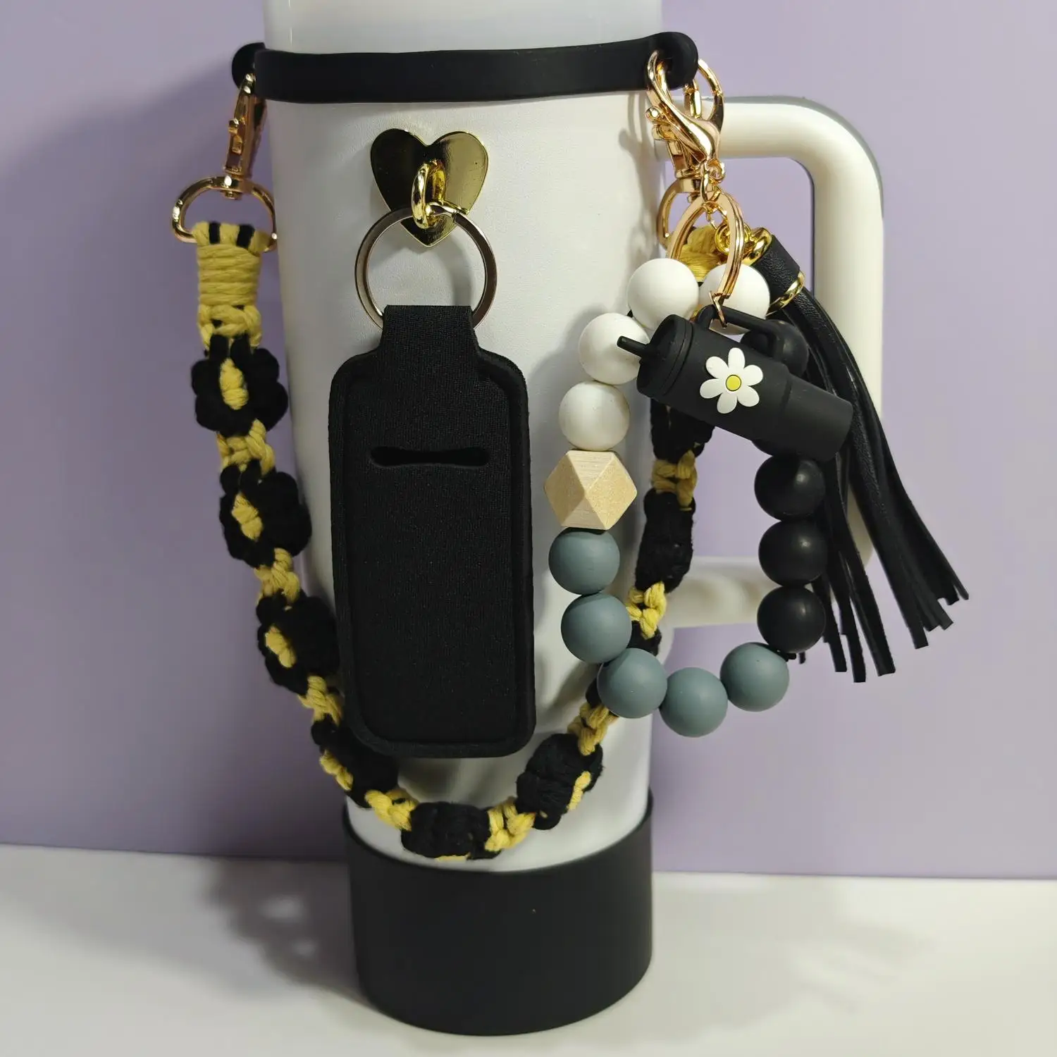 Black Water Bottle Strap Set with Beaded Tassel Charms Cup Sleeve Bow Straw Topper And Dust Plug view 3