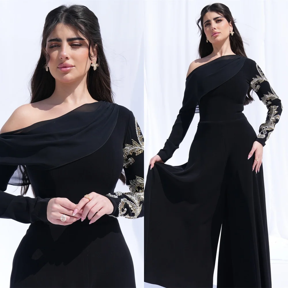 

Customized Luxury Black Evening Dress Exquisite One Shoulder Long Sleeves Homecoming Dresses Fashion Special Occasion Gowns