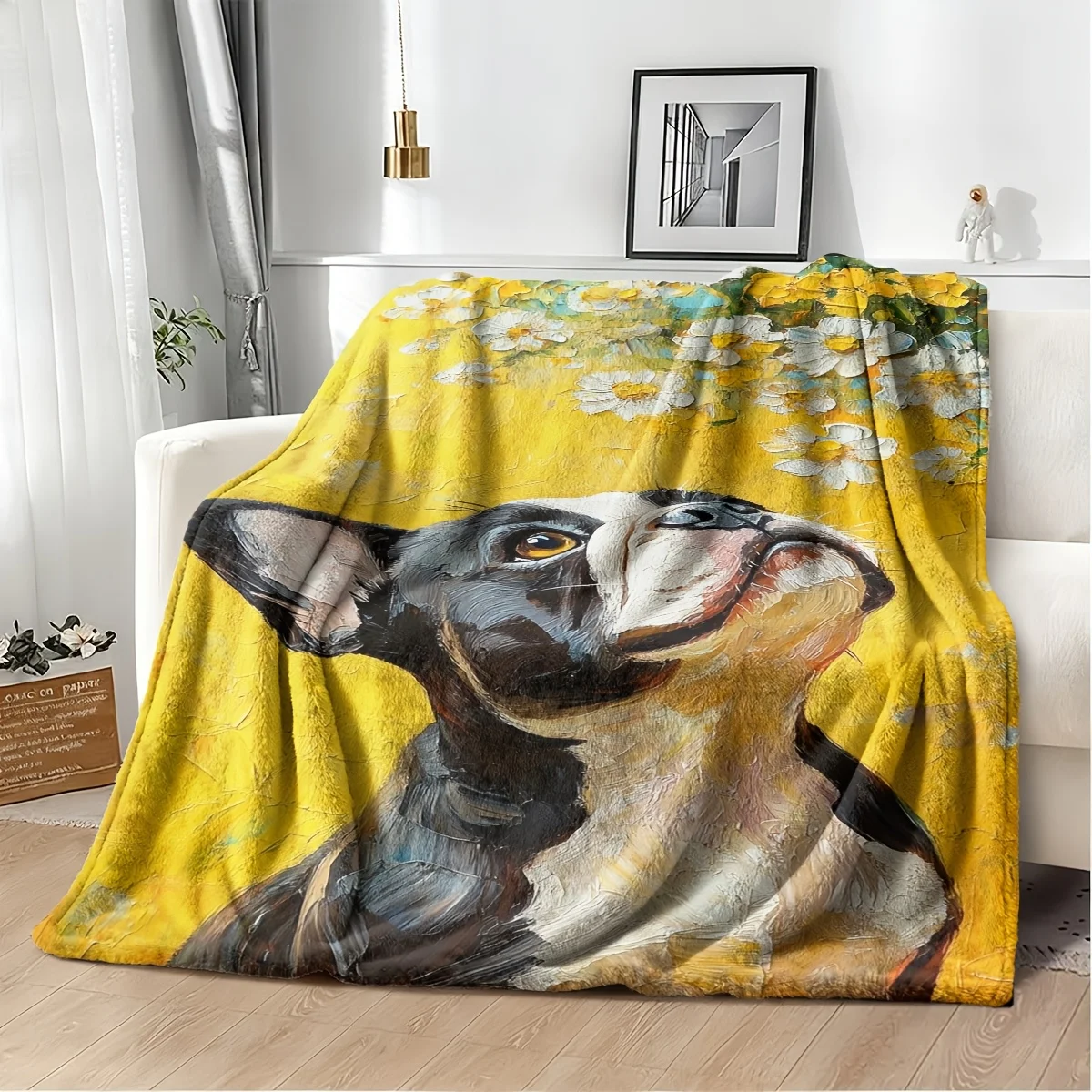 Large Dog Portrait Floral Blanket Throw Yellow Pet Art Home Decor 150x230cm  Blanket