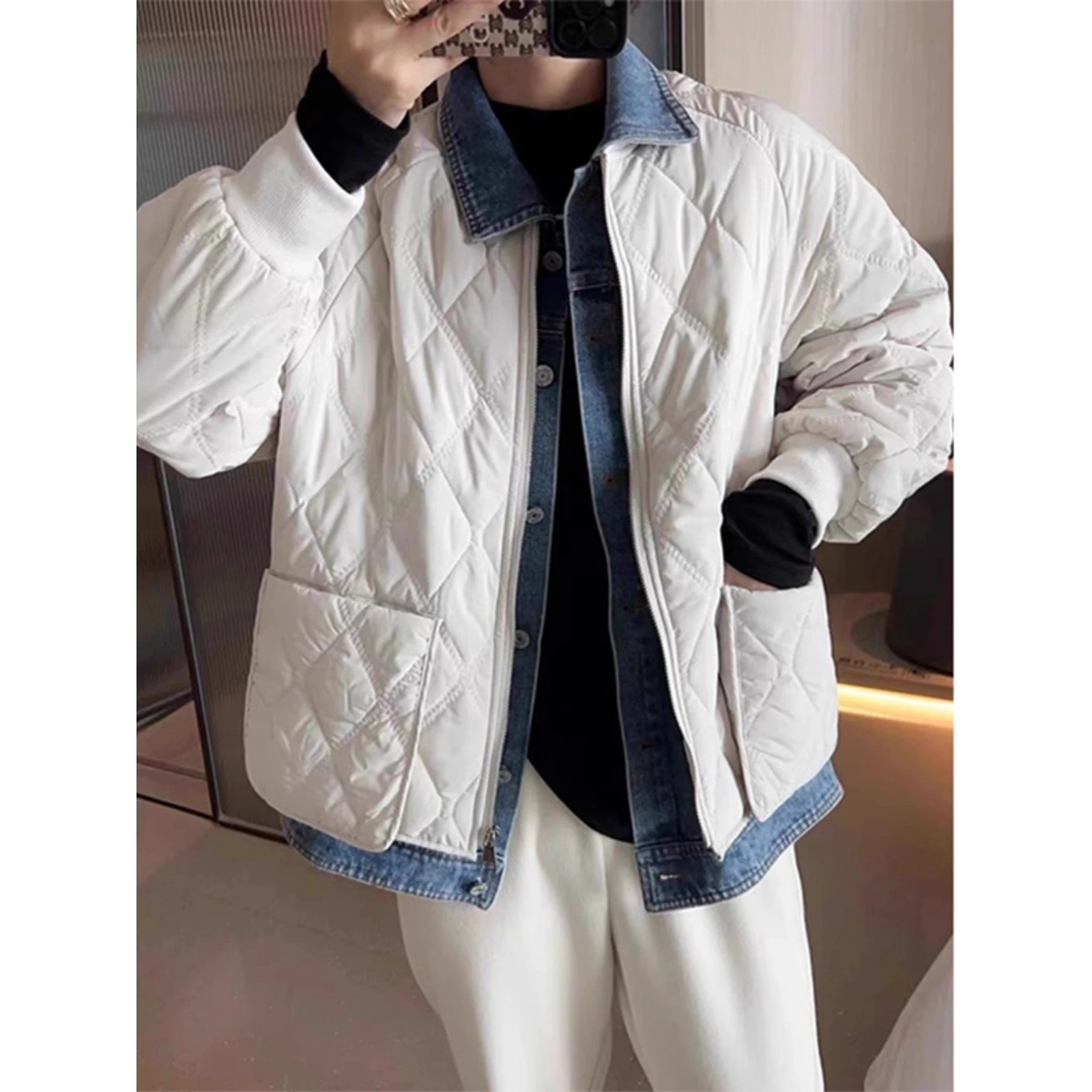 

Loose Fit Casual Denim Patchwork Cotton Jaet Men's Autumn Winter Thiened Polyester Outerwear Daily Wear Fake Two-Piece