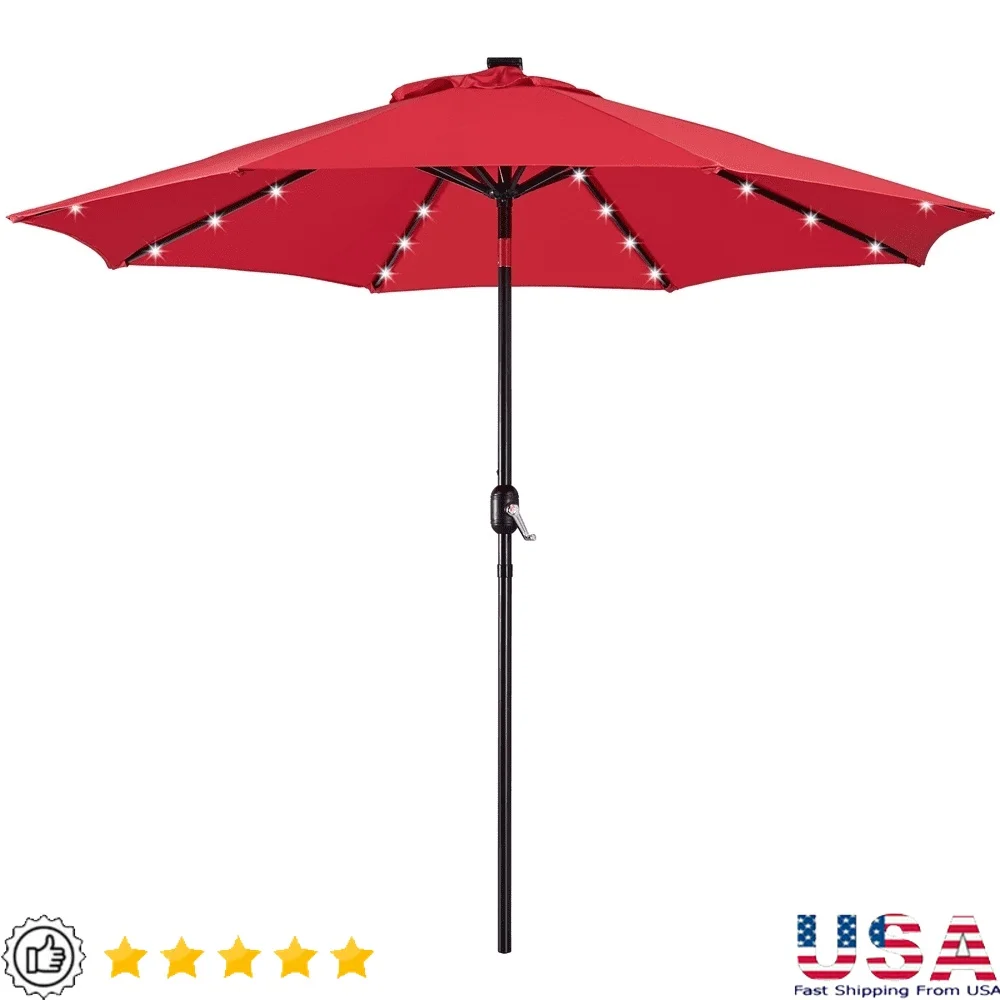 

9ft Outdoor Market Patio Umbrella with 32 Solar LED Lights Water Resistant Canopy Easy Tilt Crank Mechanism Garden Deck Poolside