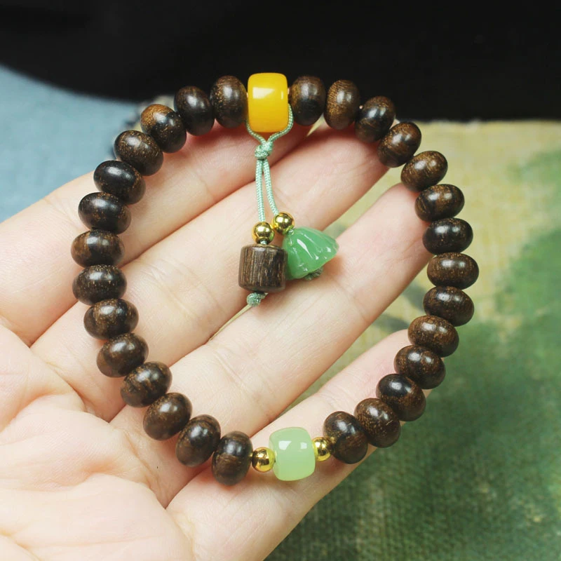 Tiger stripe agarwood abacus bead bracelet with small lotus pendant and Buddhist prayer beads - view 3