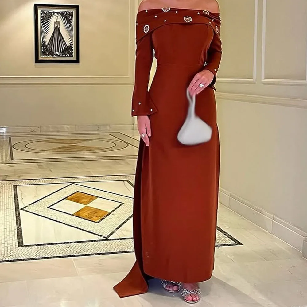 

Customized Straight Evening Dresses Floor-length Off The Shoulder Full Sleeve Prom Gown Fashion Flowers Crystal Party Gown