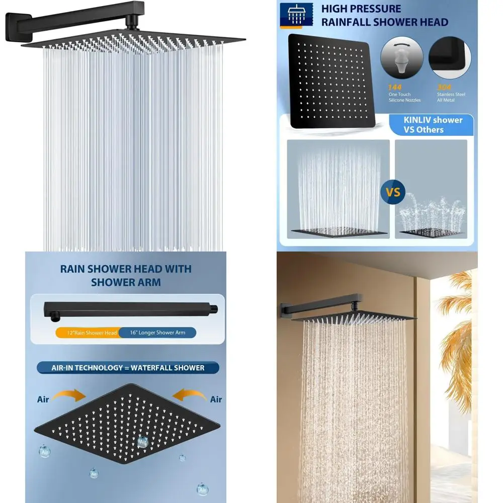 

12 матовых черных насадок для душа с дождевой насадкой и 16 удлинителями, большой квадратный душ из нержавеющей стали емкостью 144 струи