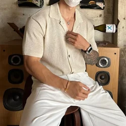 Vintage Knitting Mens Shirts Short Sleeve Buttoned Lapel Slim Fit Cardigan Shirt Men Summer Casual Breathable Solid Color Shirts