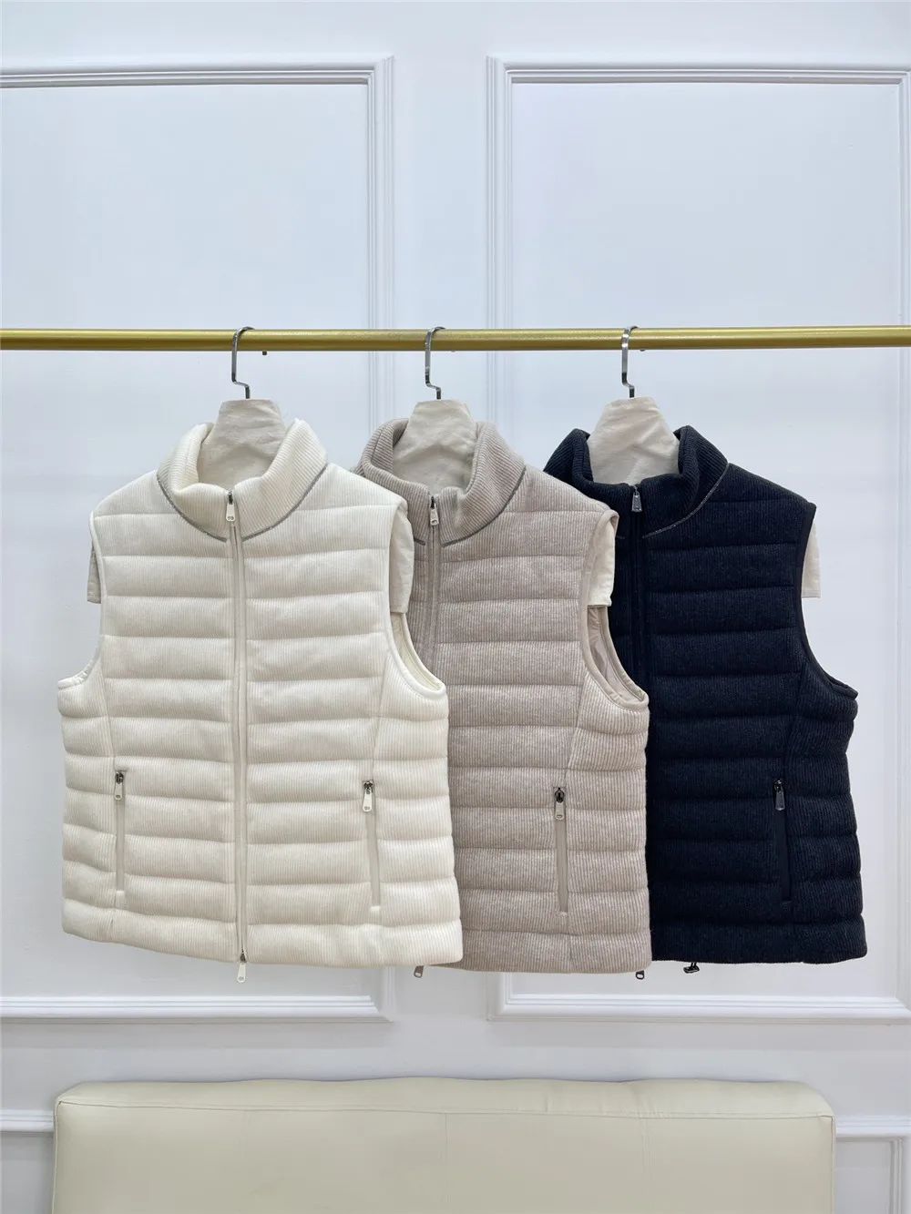 

24 Women's Sequined Wool Knitted Goose Down Vest Winter Stand Collar Fitted Warm Coat