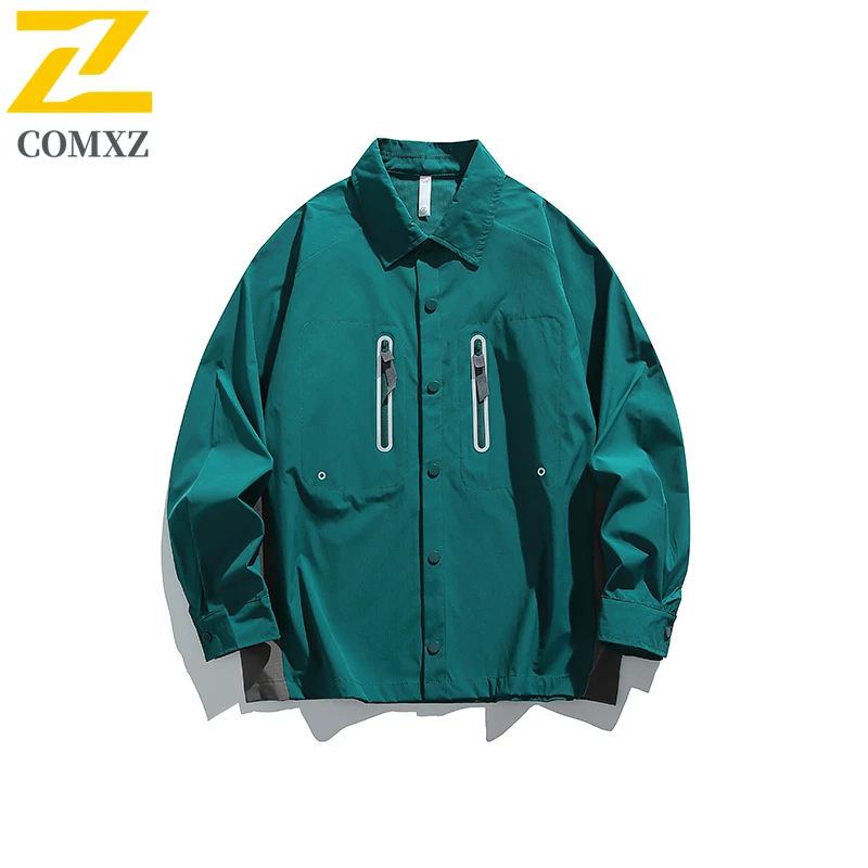 COMXZ Premium Men Jacket Classic Turndown Collar Outdoor Hiking Waterproof Durable Coat Autumn Lightweight Functional Garment