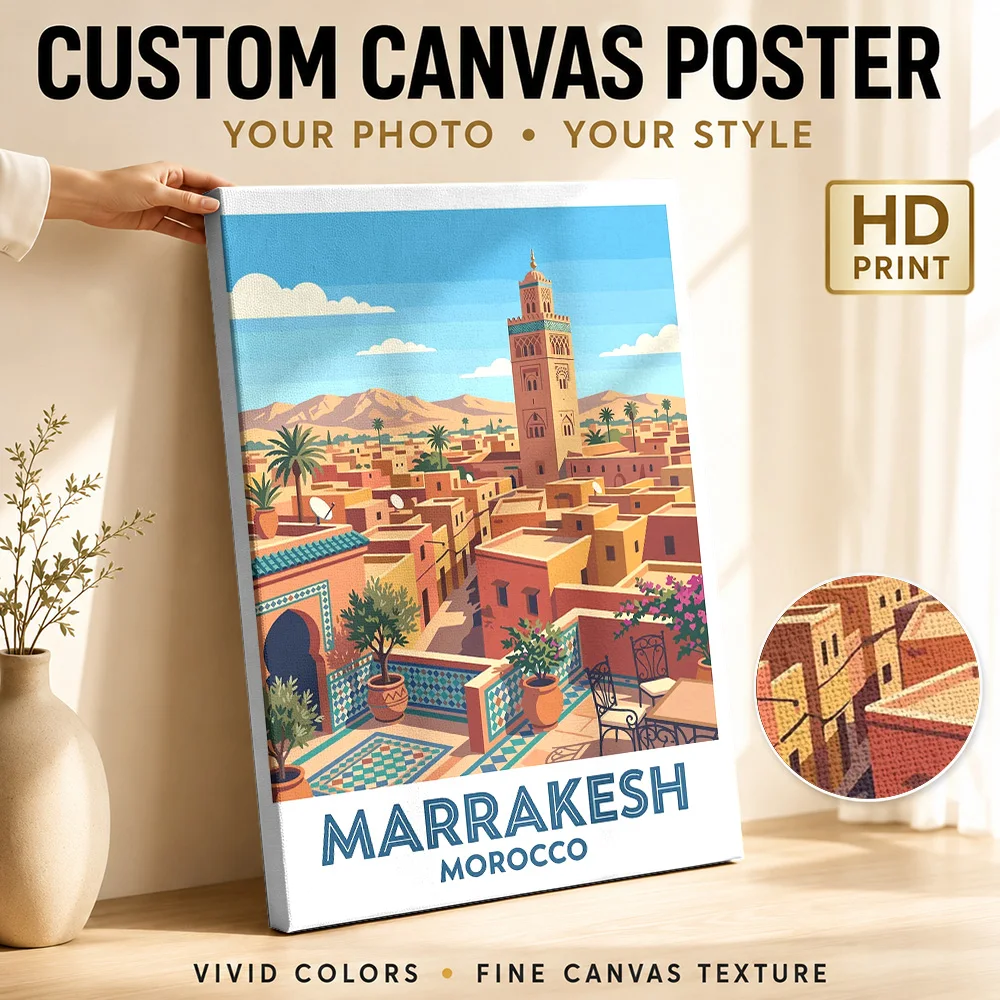 Marrakesh Morocco Cityscape Canvas Painting Poster Custom Modern Aesthetic Canvas Wall Art for Dining Room Decor Ready to Hang