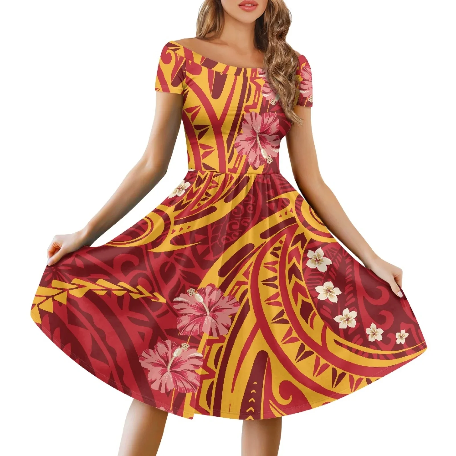 Polynesian Tribal Tongan Totem Tattoo Print Dress, Conventional Waistline Off-the-Shoulder Dress, Bar Casual Party, Hibiscus