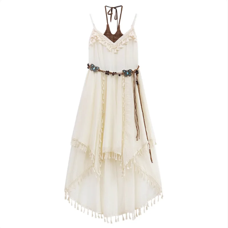 الغجر موضة البوهيمي شرابة غير النظامية عطلة زلة فستان الصيف عطلة الرسن الخامس الرقبة بلا أكمام الحمالات حزام ألف خط فستان