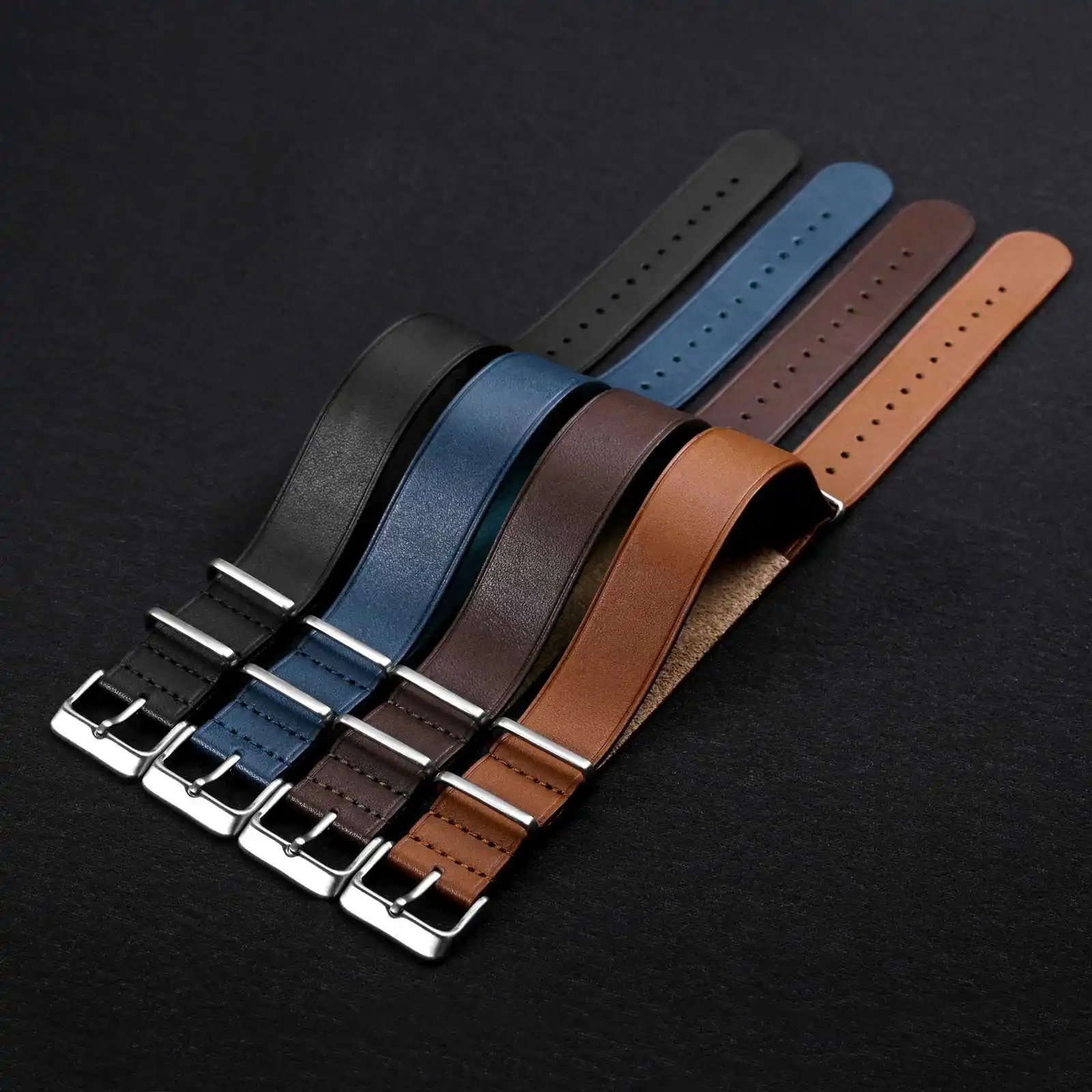 ANNEFIT Leather Watch Band 18mm 20mm 22mm, Genuine Calfskin One-Piece Military Watch Straps for Men and Women Black Brown Blue