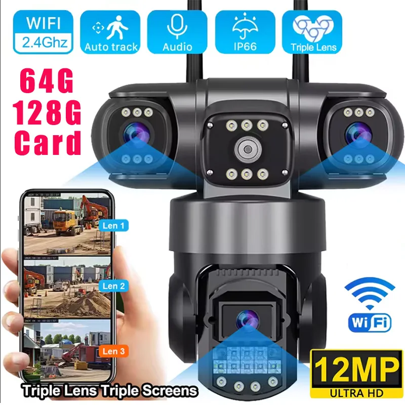 

WiFi IP Camera with 64G/128G Card Outdoor 12MP 6K Triple Lenses Triple Screens Security Video Monitor Night Vision CCTV Cameras