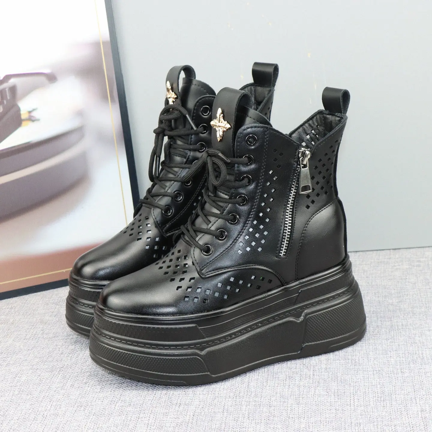 

12CM Height Increase Women Summer Short Ankle Boots Fashion Hollow Breathable Thick Sole Platform Cool Booties Casual Sandals