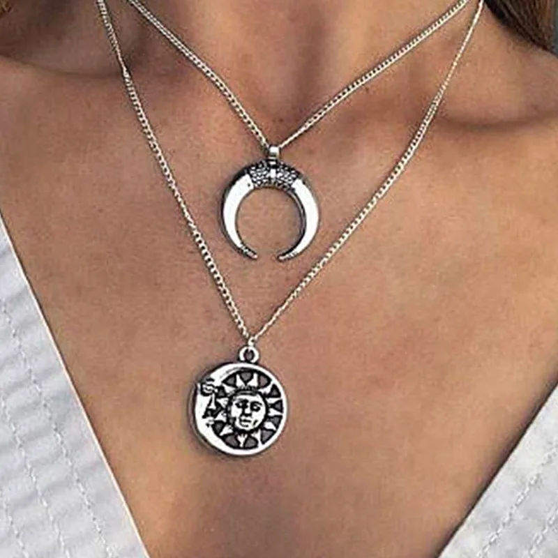 Tocona Bohemian Moon Made Old Round Label Double Layer Pendant Necklace for Women Geometric Metal Adjustable Party Jewelry