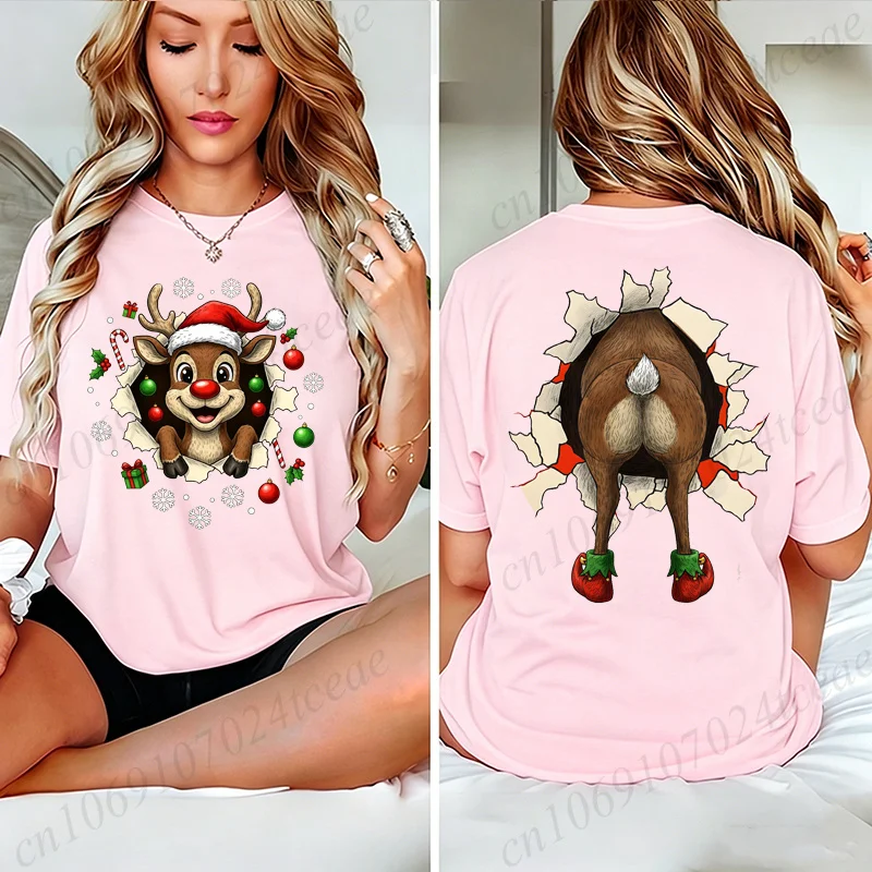 Christmas Reindeer Print T-shirt Women Harajuku Sleeve Casual Clothing Street Tops Tees Funny Xmas Aesthetic Clothes Gifts