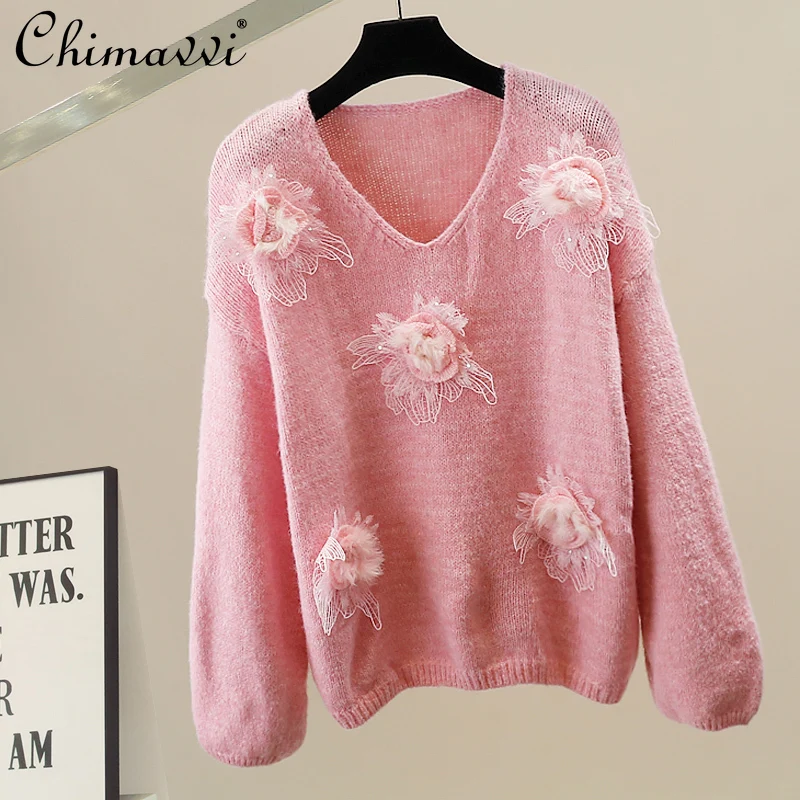 Suéter de flores 3D pesado de moda coreana Otoño e Invierno nueva dulce chica suelta elegante jersey de manga larga Top de punto