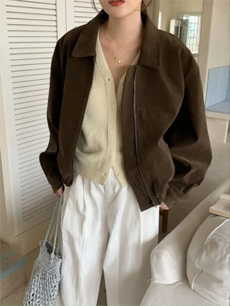 

Vintage Loose Jacket For Women 2025 New Autumn Winter Fashion Pockets Single-breasted Turndown Collar Outerwear Office Lady Coat