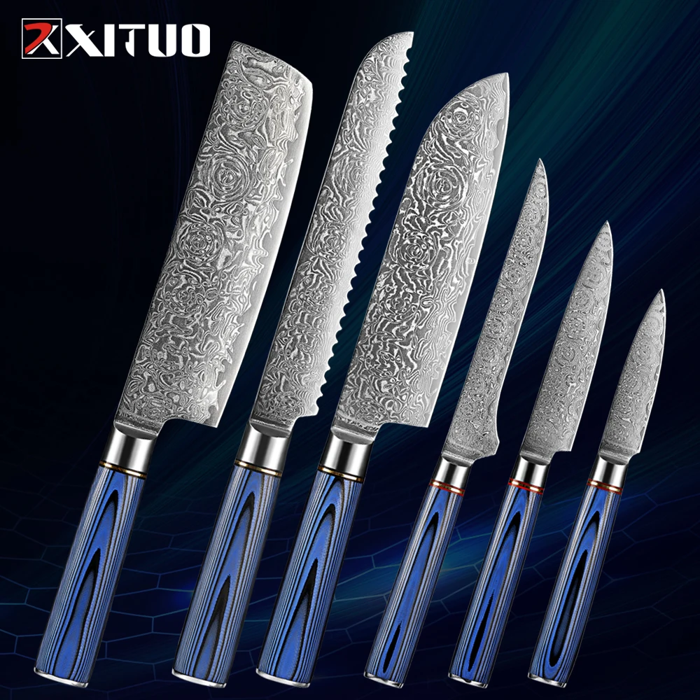 XITUO 1-6PCS Kitchen Knives Set Damascus Steel Sharp Santoku,Cleaver,Paring,Bread ,Boning Kinfe Cooking Knives Blue G10 Handle