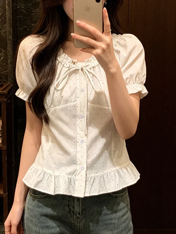 

plus Size Women's Fashion Design Summer 2026 Shirt with Bow Tie Wooden Trim Slimming Top Korean Style round Neck Short S...