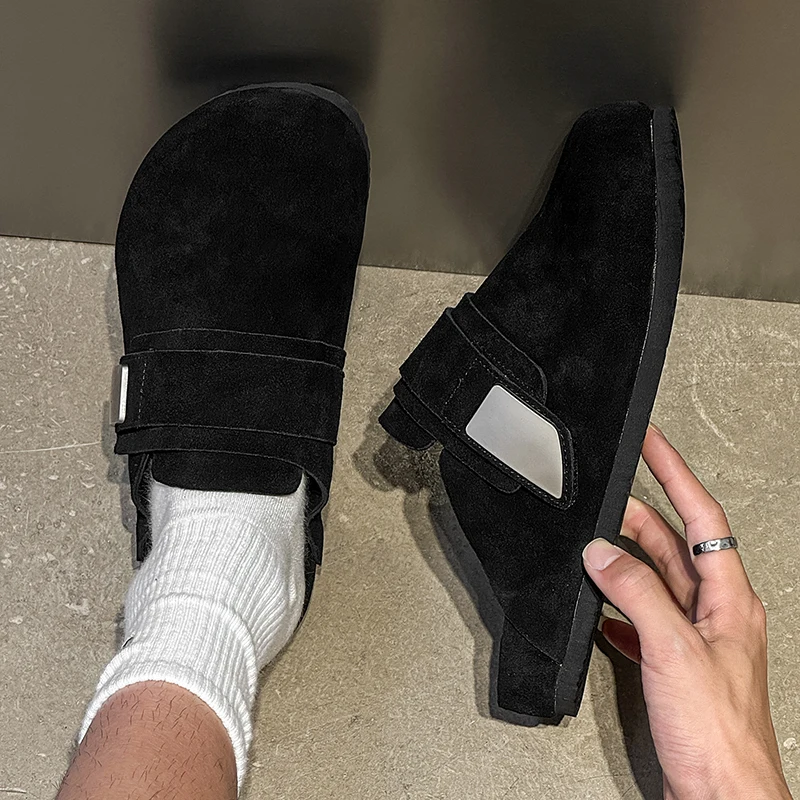 Suede Leather Open Back Casual Shoes Mules Men Backless Loafers Slippers Half Shoes Slip On Semi Drag Flats Man Slides Sandals