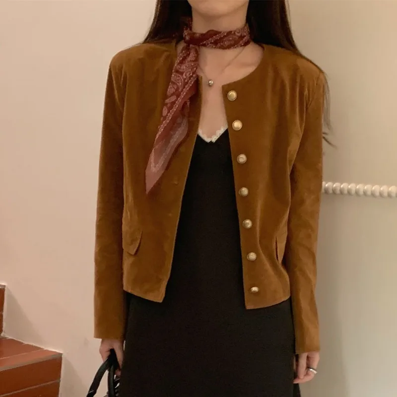 Women's French Retro Suede Round Neck Single-breasted Short Jacket Single Suit Jacket 2025 Autumn New Casual Blazer