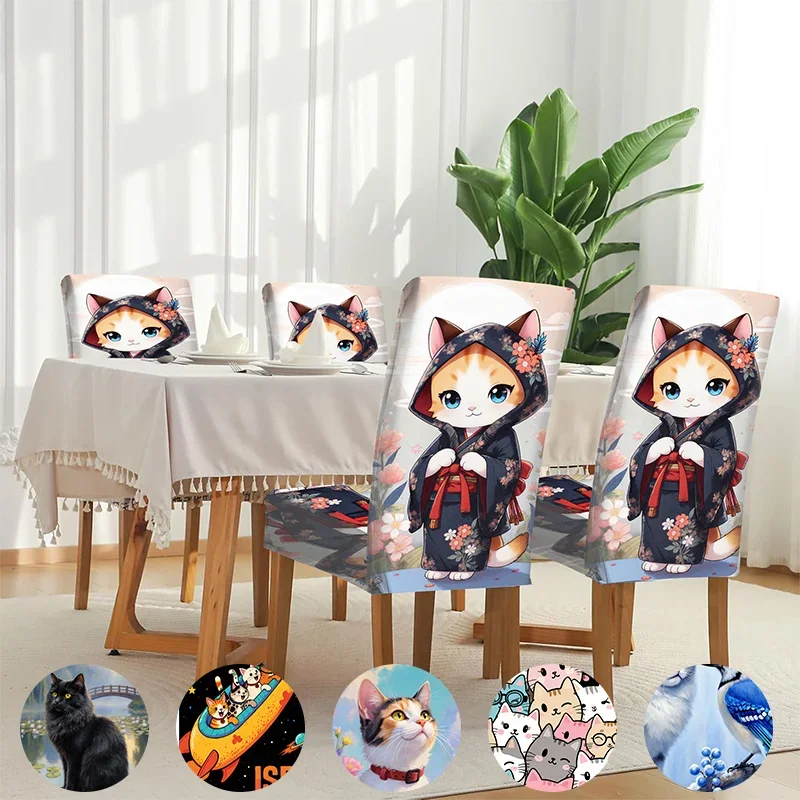 

Elastic dining chair cover Japanese cute cat character decoration removable, washable, home dining chair cover