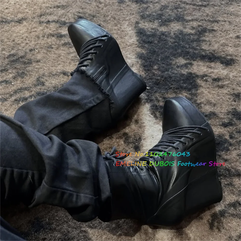 Black Pu Leather Wedge Heel Ankle Boot Women Round Toe Platform High Heel Cross Strap Side Zipper Trendy Daily Casual Boot