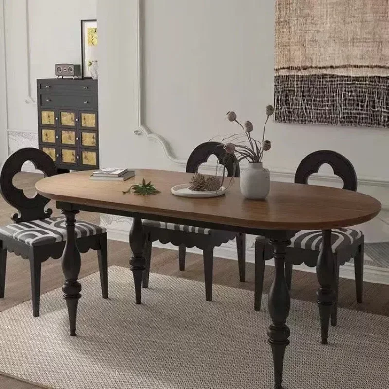 Small household oval dining table medium antique black retro log long table