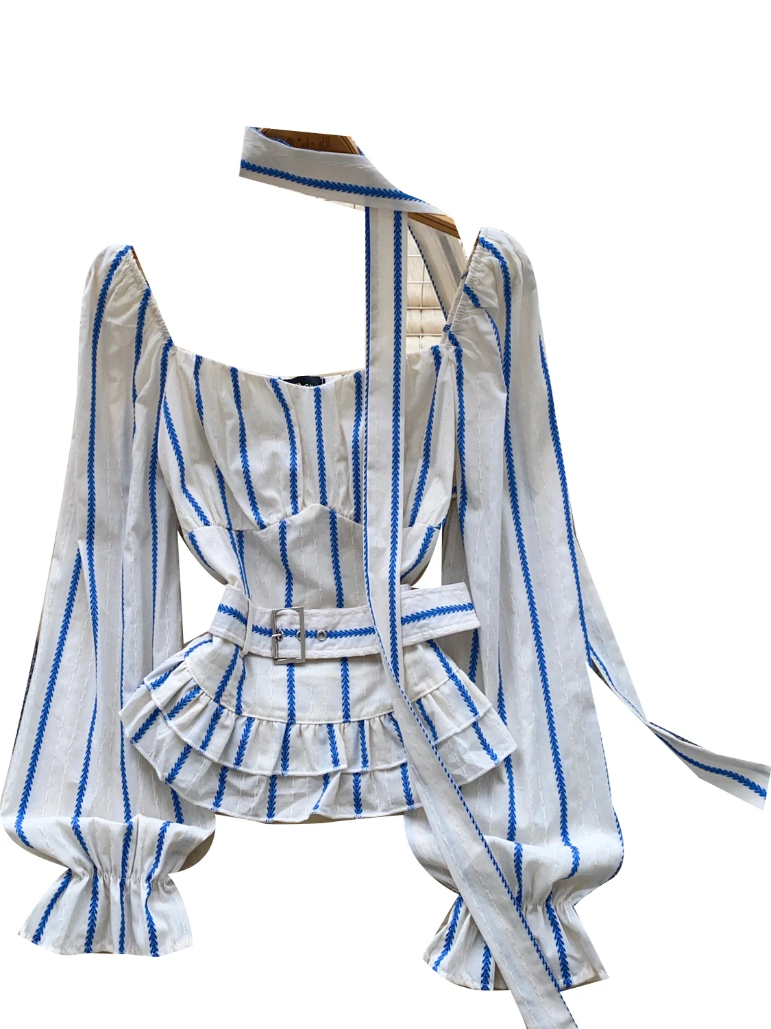 Ele besticktes Bubble Sve gestreiftes Irt Damen-Top mit lockerer Passform und Gürtel an der Taille, faionable Autumn Irt