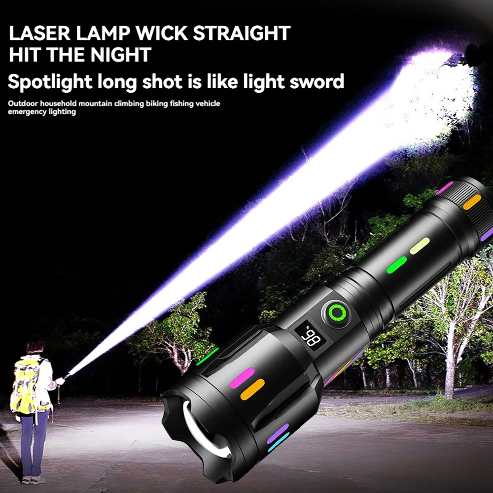 High Power Spotlight Long Range LED Flashlight Fluorescent Absorbing Film Luminous Colorful Zoom Flashlight Camping Emergency