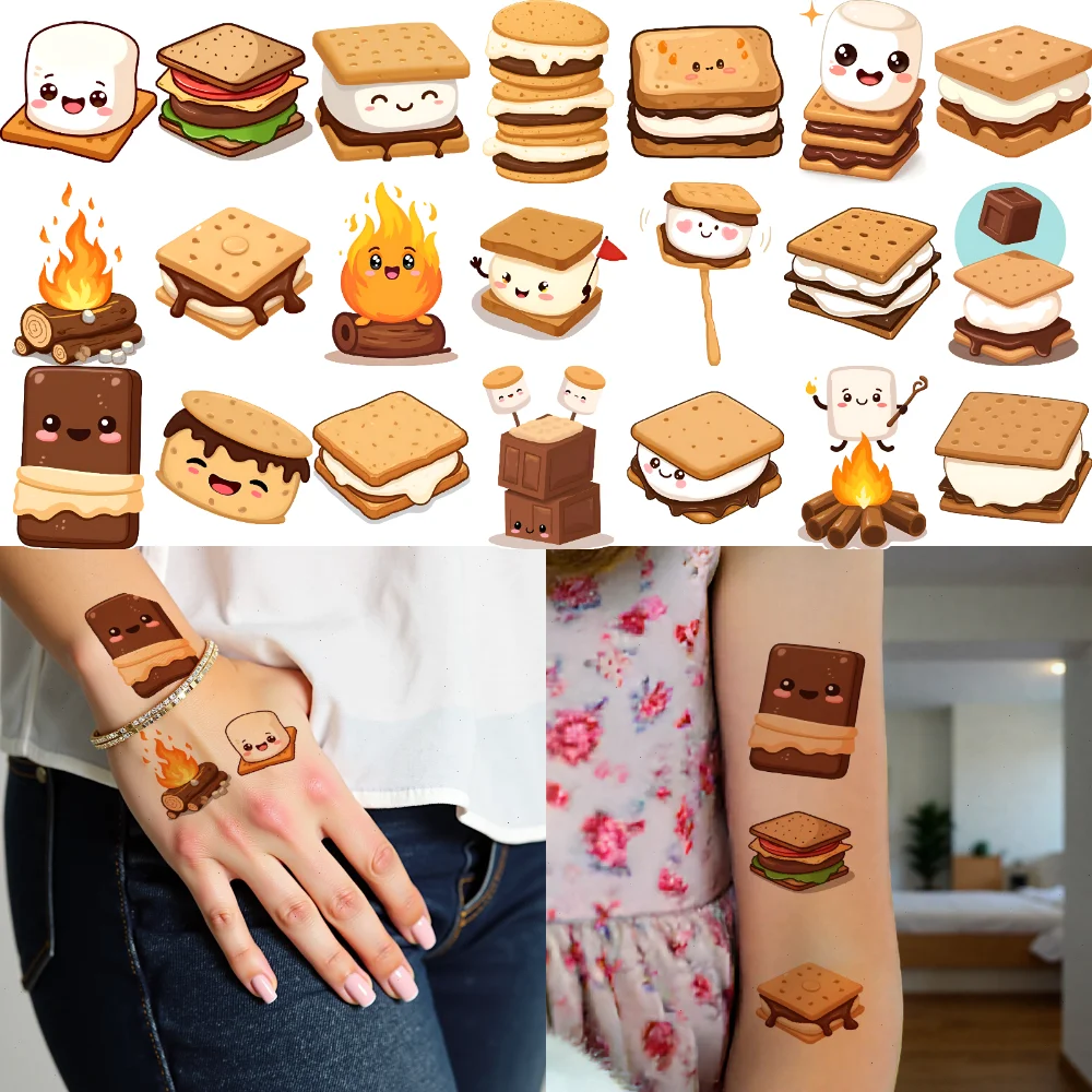 

63 шт. временные татуировки Грэма Крекер водостойкие долговечные наклейки для тела шоколадные S'mores временные татуировки наклейки для