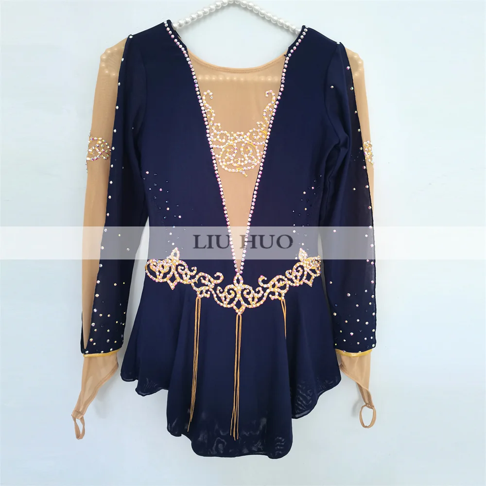 LIUHUO Ice Dance Figure Skating Dress Women Adult Girl Teen Customize Costume Performance Competition Dance Navy Blue Leotards