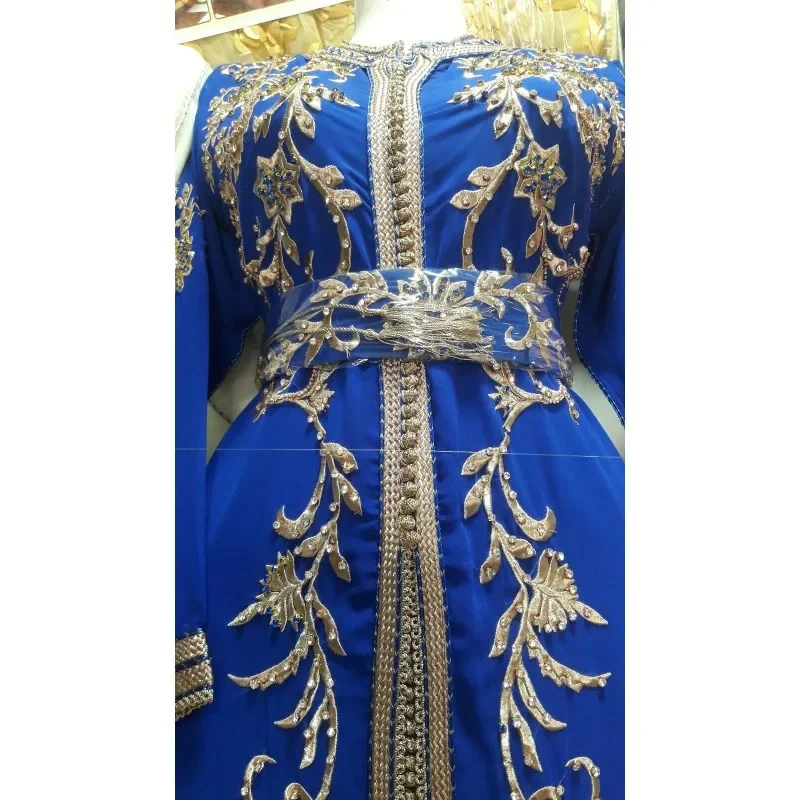 Luxury Blue Kaftan Handmade Farasha Beaded Zircon Decoration Wedding Dress Dubai Caftan with Belt Embroidered 2 Pieces