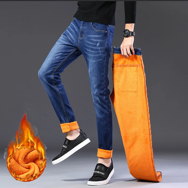 

Winter Snow Men's Warm Thermal Stretch Jeans Plush Slim Narrow Leg Denim Jeans Thicken Fleece Long Pants Korean Cowboy Trousers