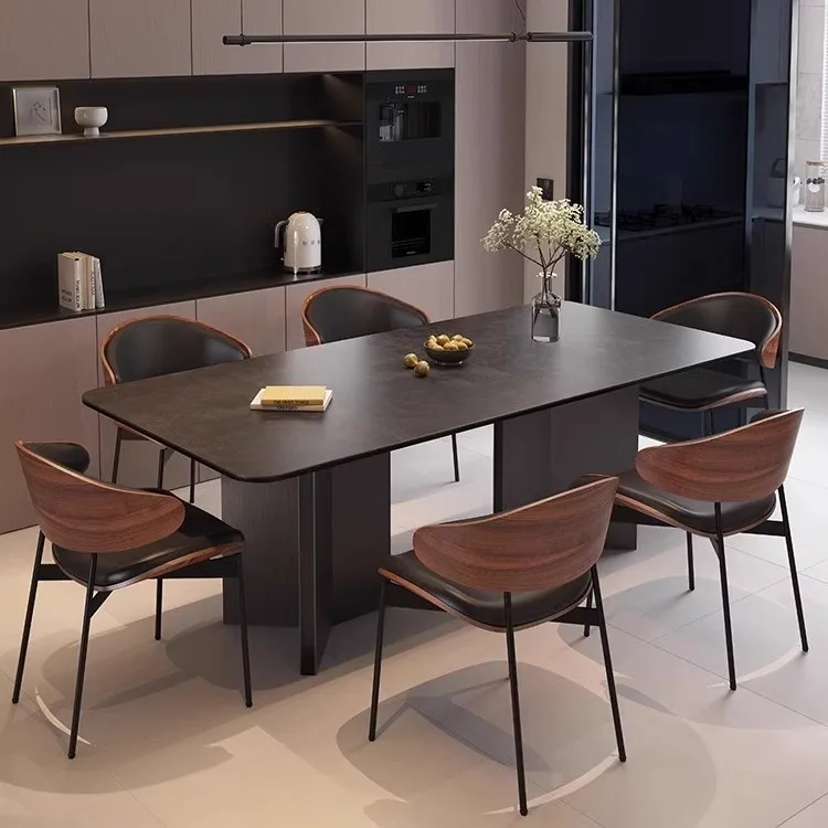 

Italian-Style High-End Dining Table Chair Set Simple Modern Luxury Black Rock Plate Rectangular Retro Small Apartment Home