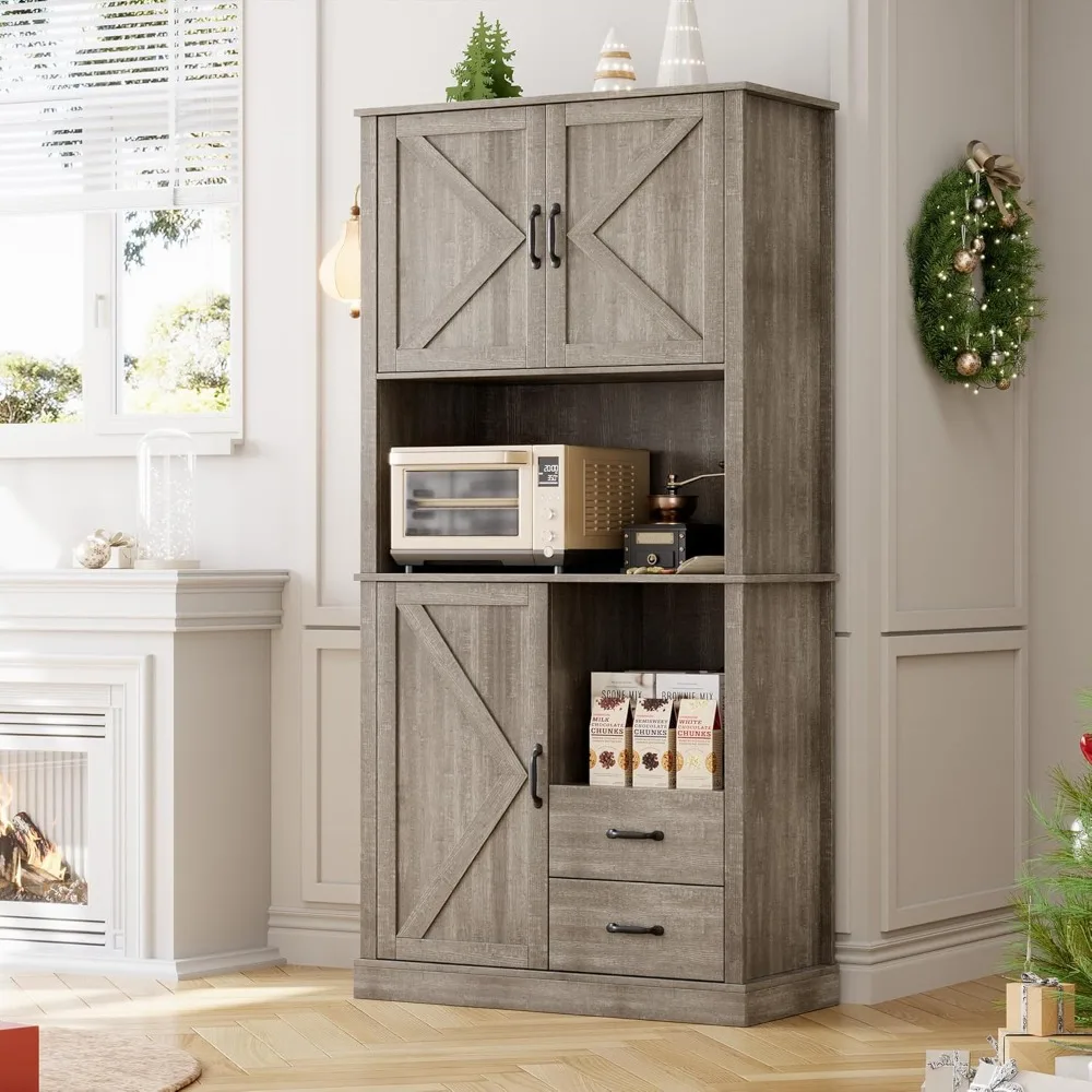 Modern Kitchen Pantry Cabinet with Microwave Stand with Drawers & Adjustable Shelves, for Dining Room,Grey image 3