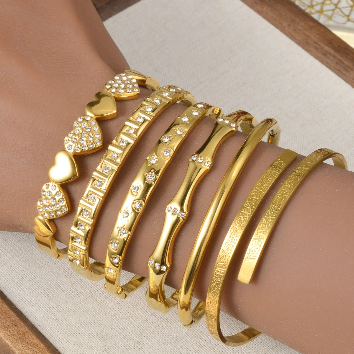 Gold Plated Open Cuff Bangle Heart Rhinestone Bamboo Carved Pattern Stackable Bracelet Women Cuff Jewelry for Daily Party Gift