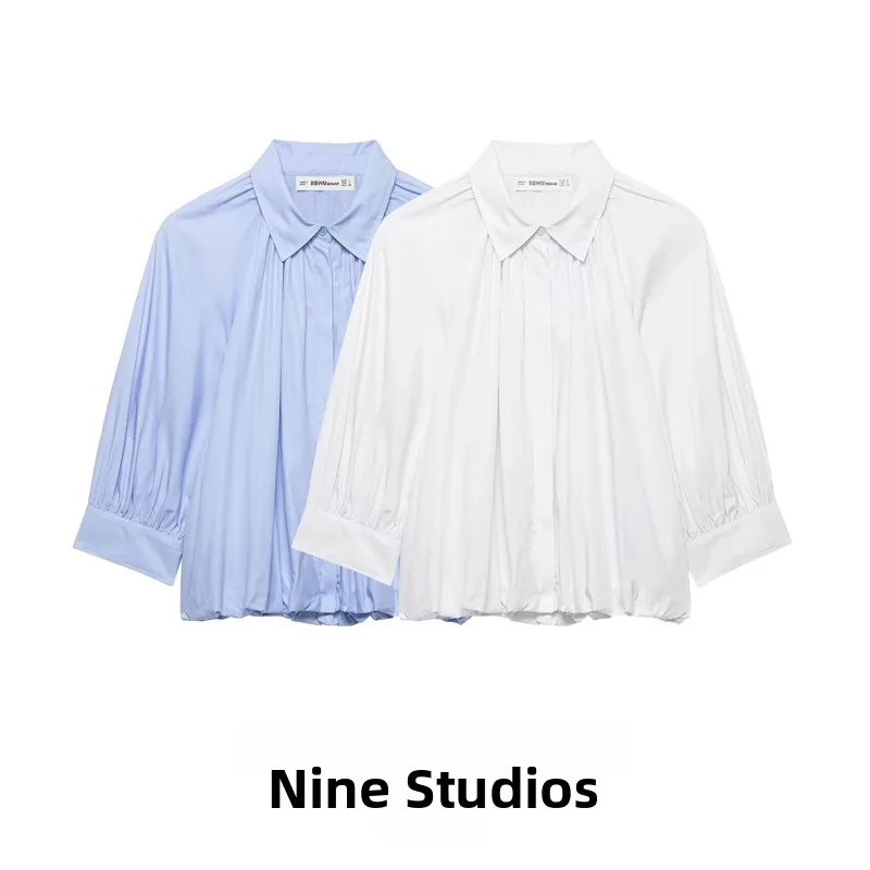 

NINE ZAR Women's Bubble Sleeve Pleated Decorated Pure Color Shirt Short Length Top Skin-friendly Breathable Loose Fit Polyest...