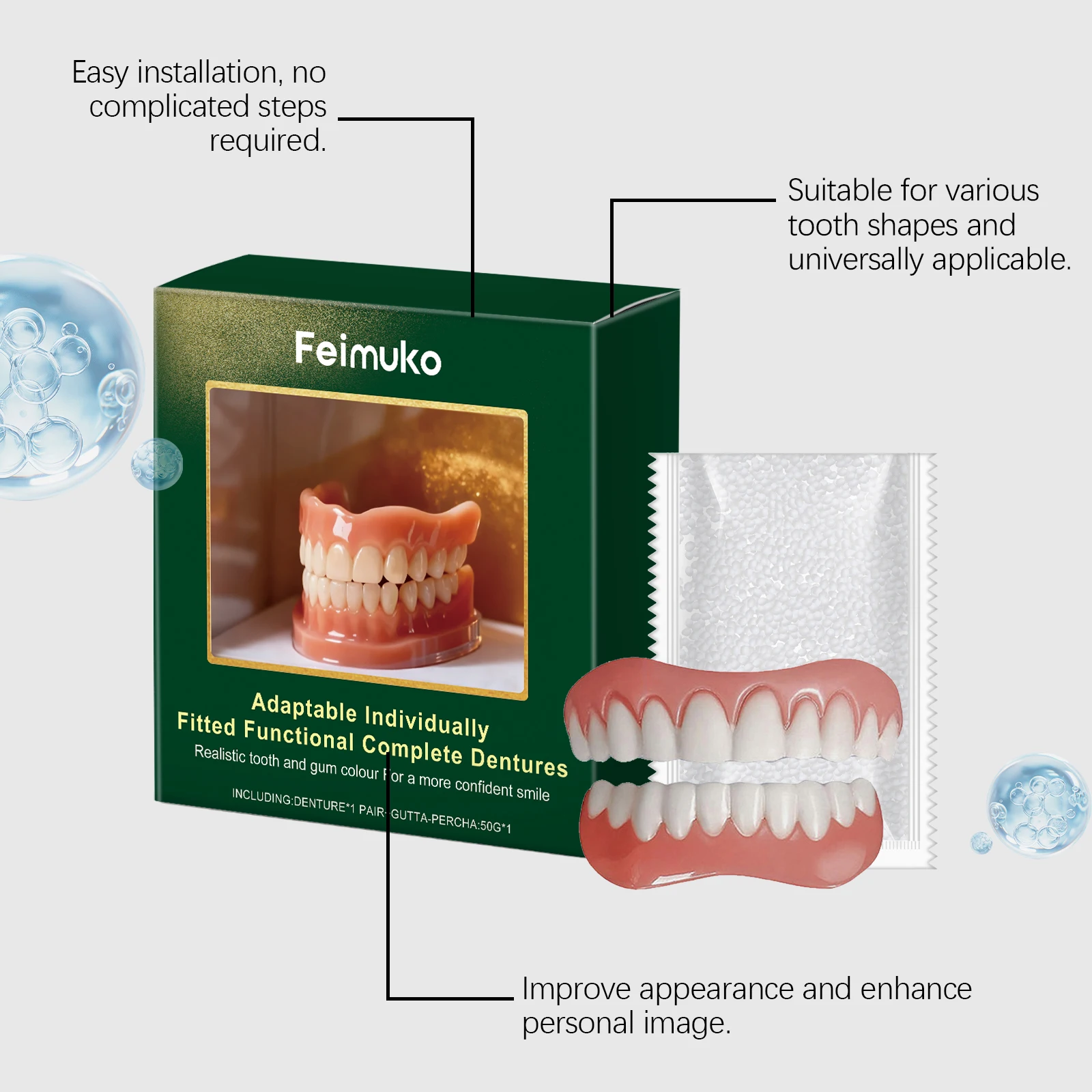 Feimuko Resin Complete Dentures Quickly Adapt Perfect Fit Comfortable Use Easy To Clean Improve Self-Confidence