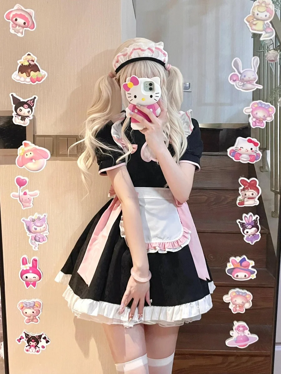 

Сексуальный и милый костюм горничной в китайском стиле, черно-розовое платье Лолита для Хэллоуина, полиэстер