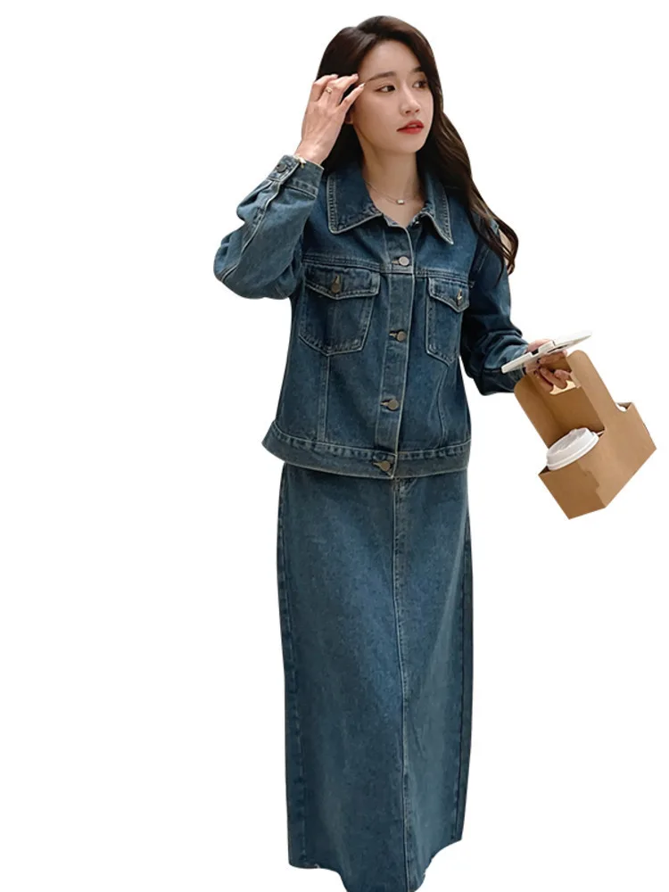 LANMREM Fashion Vintage Denim Two-piece Set Women\'s Lapel Single Breatsed Coat With Casual Skirt 2024 Female Autumn New 2Z2503