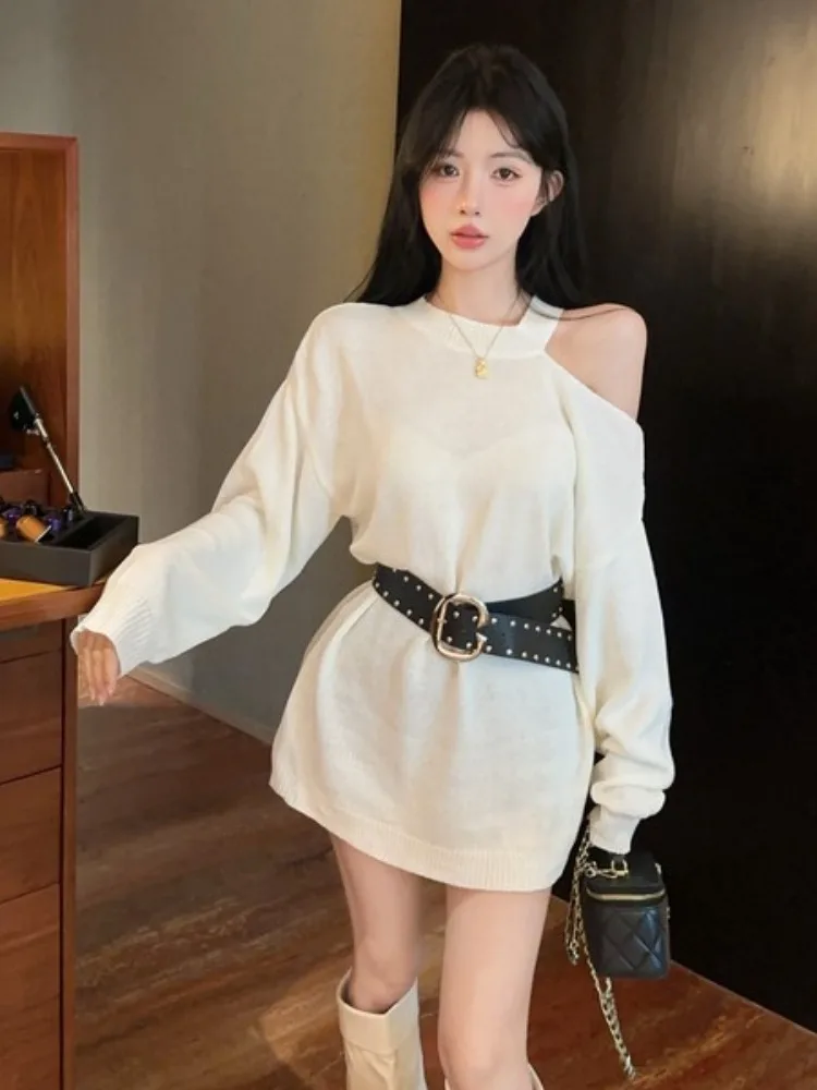 

Sexy Shoulder Bared Long Knitted Sweater Women's Inner Wear Slimming Autumn Winter New Style Commute Korean Loose Fit High Waist