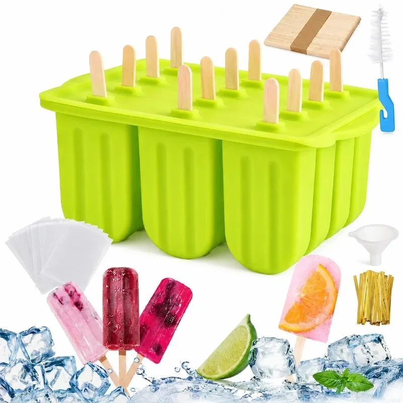 Silicone Popsicle Mold 12 Pieces Popsicle Tray Frozen Homemade Ice Cream Popsicle Mold Leak-proof Cover Summer DIY Snacks