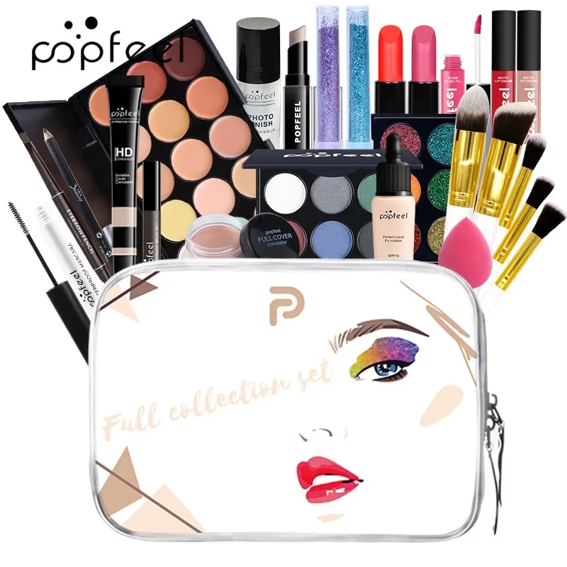 Limited-edition Popfeel Makeup Kit Full Set Eyeshadow Eyeliner Brow Powder Lip Concealer Foundation Luxe Gift for Women Cosmetic