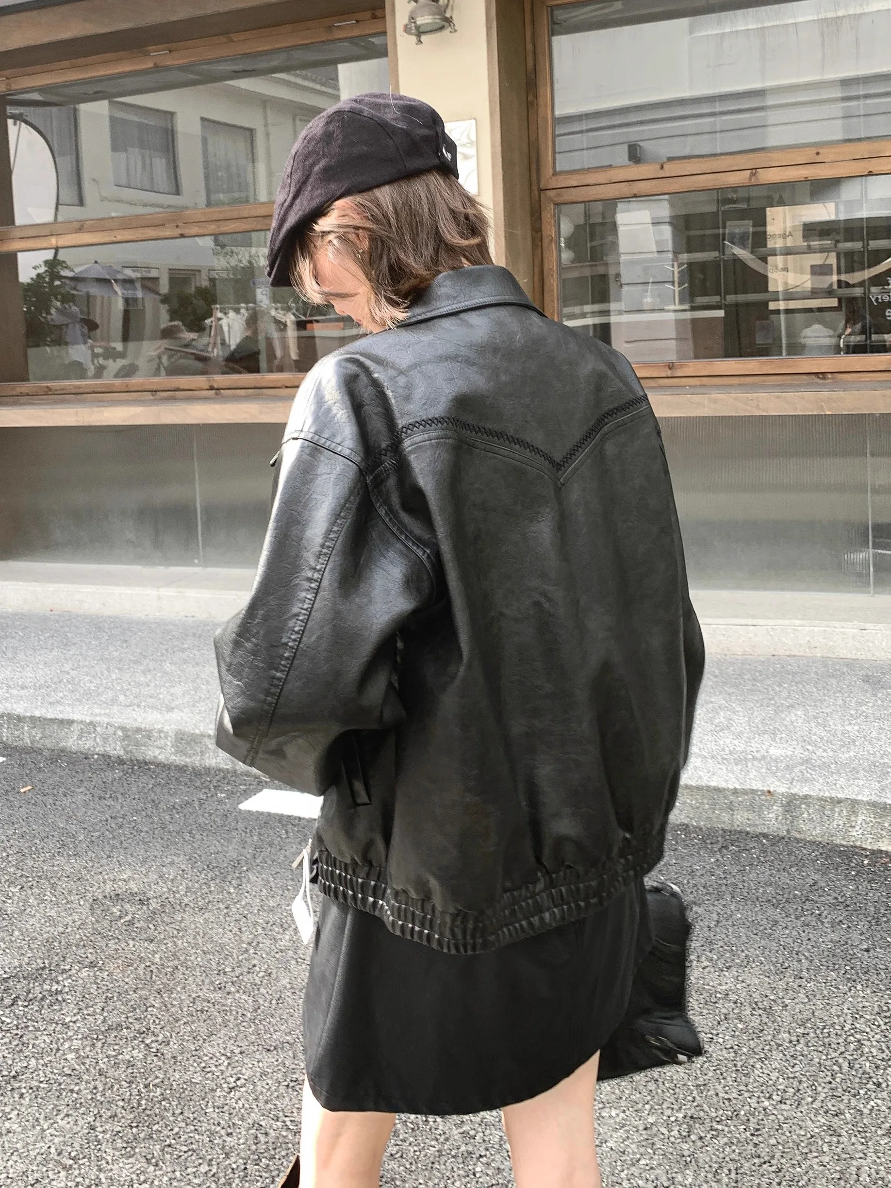 Bla Retro-Lederjacke für Damen, Herbst, vielseitig, locker, lässig, schlankmachend, kurze PU-Lederjacke, AUNP Commute Sle Long Sle...