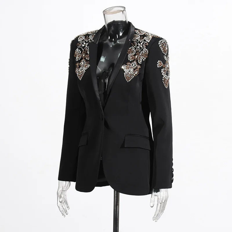 HKSH 가을 새로운 여성 블레이저 v 넥 포켓 헤비 크래프트 스터드 다채로운 다이아몬드 슬림 맞는 럭셔리 우아한 조수 세련된 코트 HK11094