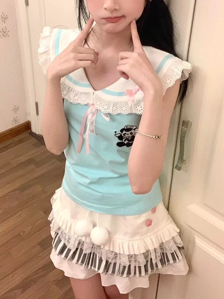 ญี่ปุ่นหวาน JK Hot Chick 2 ชิ้นชุดชุดสตรี Lace Patchwork Tops + น่ารักเค้กกระโปรงใหม่ Lolita แฟชั่นฤดูร้อนชุด 2025