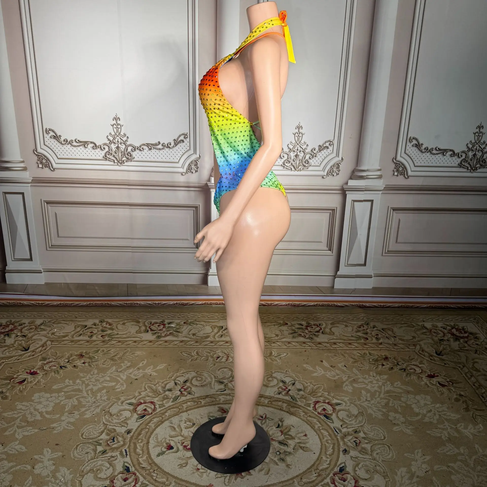 Colorful rhinestone hollowed-out sexy one-piece swimming suit for summer leisure and vacation on the beach all in one bikini