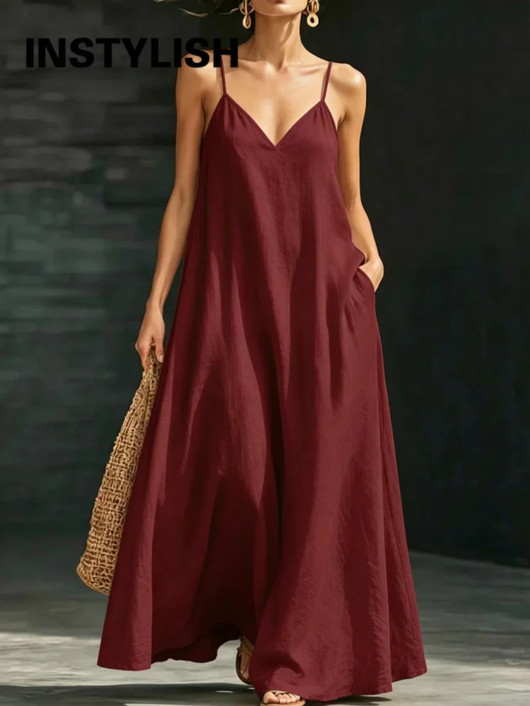 Damen Leinen-Maxikleid mit Spaghettiträgern, V-Ausschnitt, lockerem Schnitt, langem Rock und Taschen – Lässiges Sommer-Strandkleid für den Urlaub